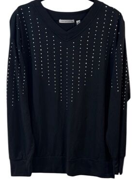 Notations Women’s Black V-Neck Studded Pullover Sweater Top Size M